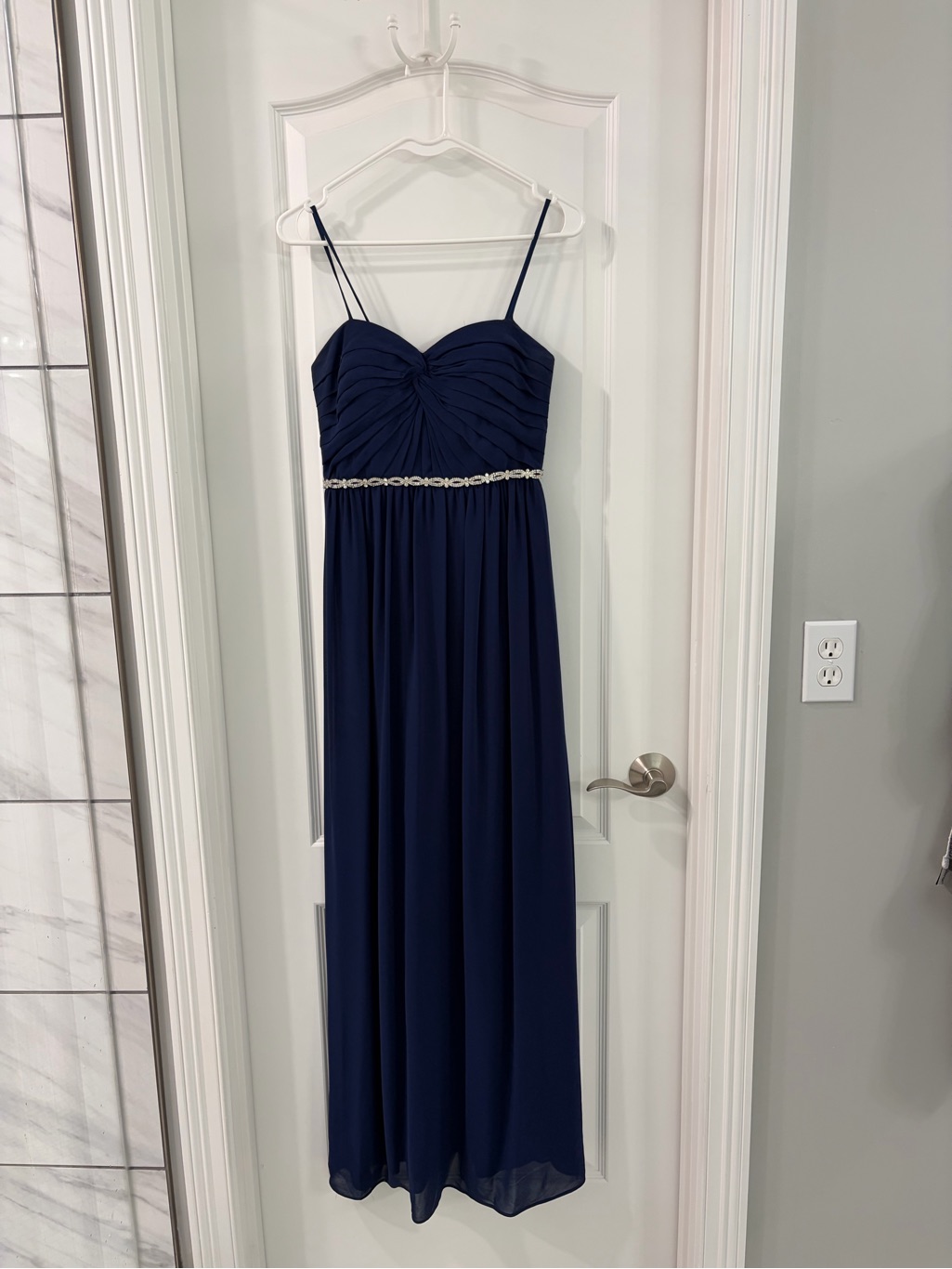 Navy Spaghetti-Strap Evening Gown With Beaded Waist